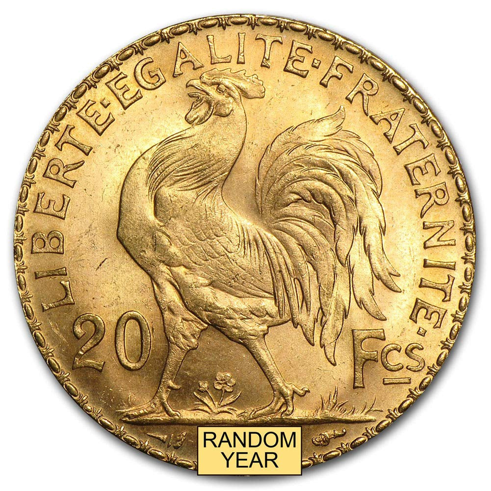 1899-1914 (Random Year) French Gold Rooster Coin Brilliant Uncirculated with Certificate of Authenticity 20 Francs BU