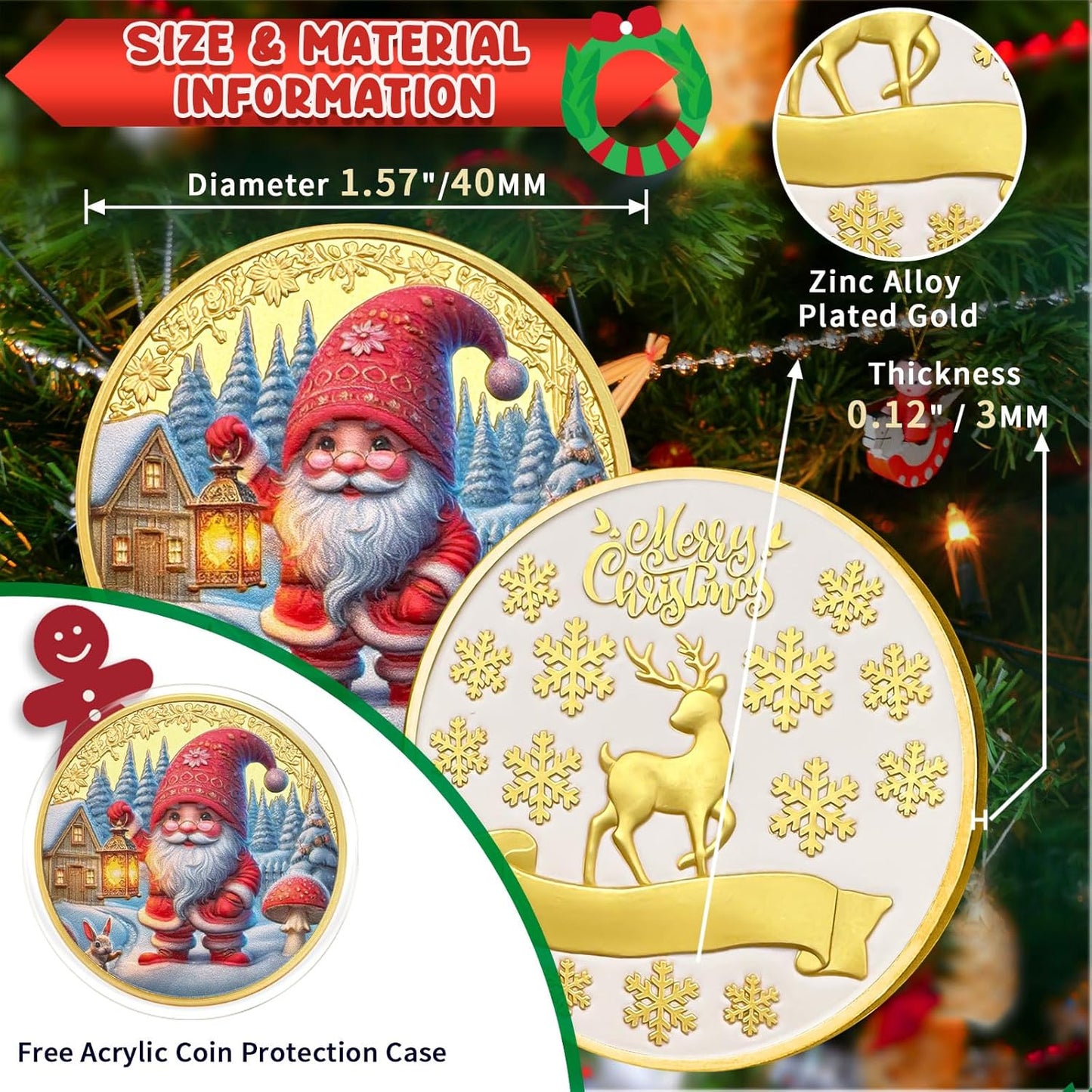 Cute Santa Claus Christmas Coin Gold Reindeer Christmas Commemorative Coin Christmas Ornaments Christmas Tree Decoration Home Decoration Christmas Badges Christmas Gift for Family Friend