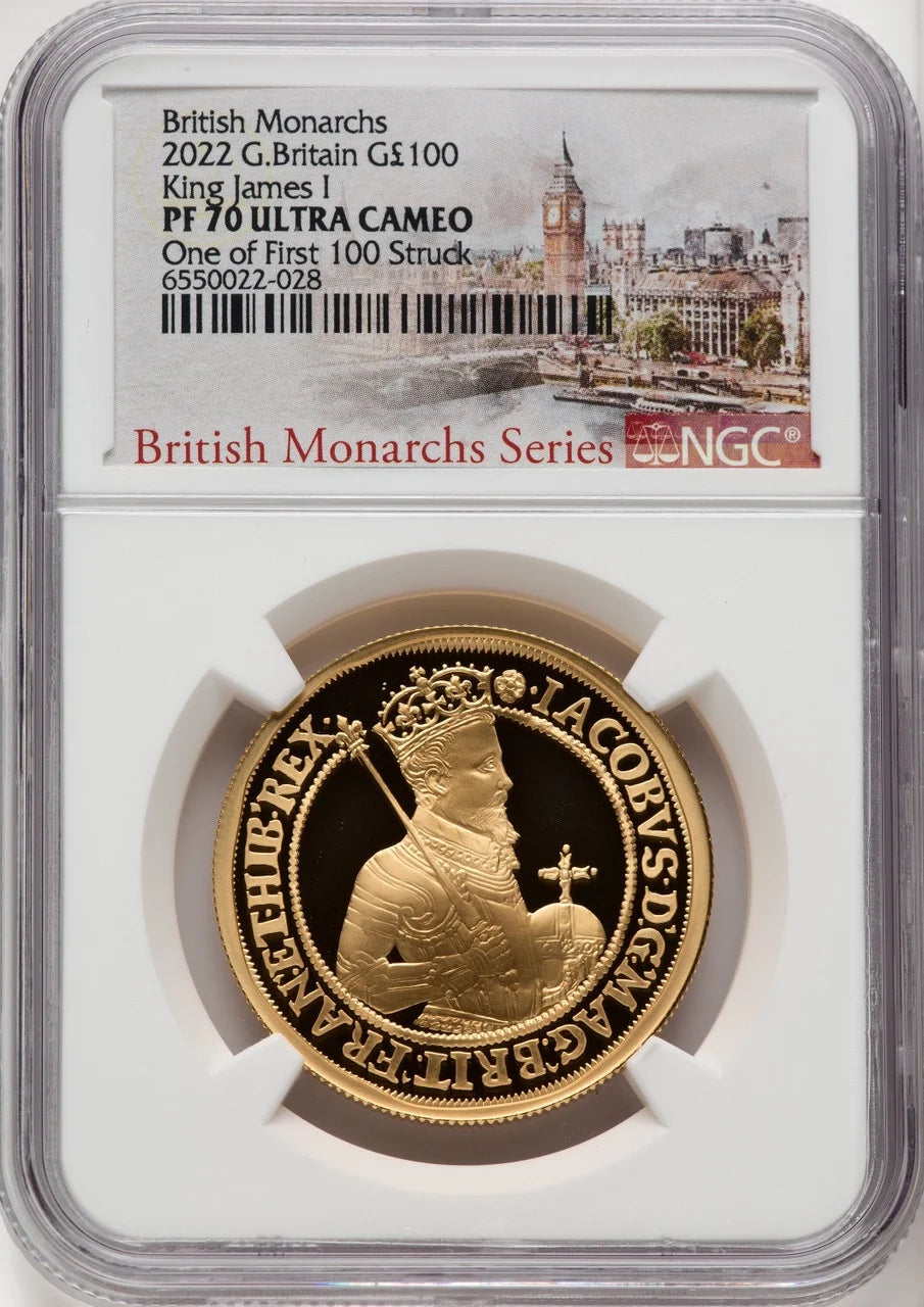 Elizabeth II Gold Proof James I 100 Pounds (1 Oz) 2022 PR70 Ultra Cameo NGC. One of First 100 Struck. World Coins NGC MS70