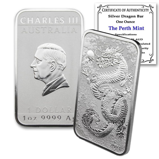 2024 P 1 Troy Ounce Australian Silver Dragon Rectangular Bar Coins Brilliant Uncirculated with Certificates of Authenticity $1 Seller BU