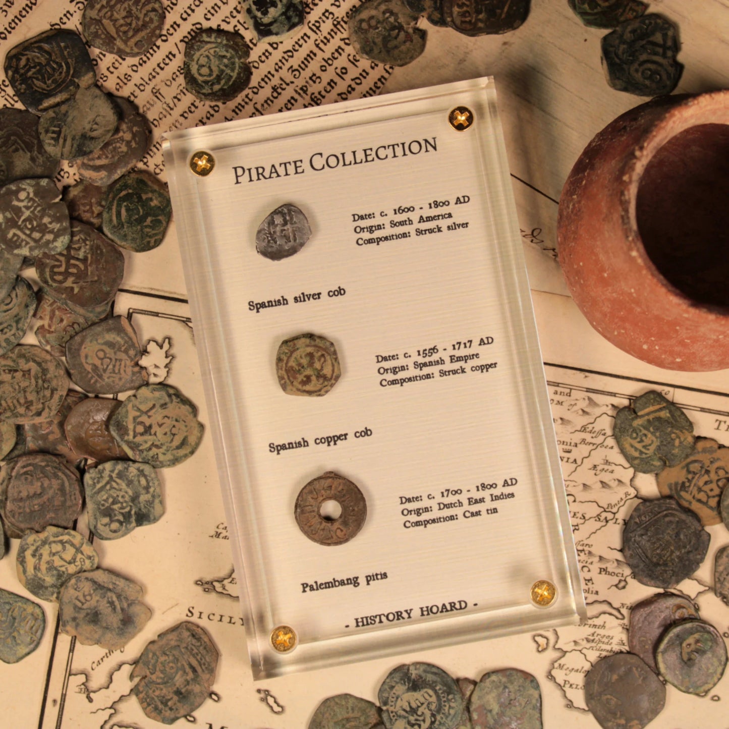 The Pirate Collection, Set of Three Genuine Antique Coins - Spanish & Dutch East Indies - 1500S to 1700S - with Display Case - History Hoard