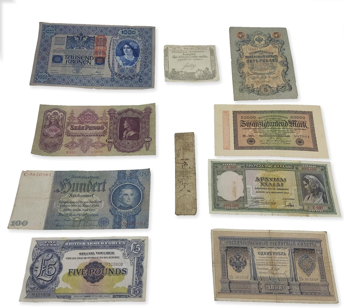 IMPACTO COLECCIONABLES - Collection of 10 Original Old Banknotes with Certificate of Authenticity. Banknotes from 3 Centuries