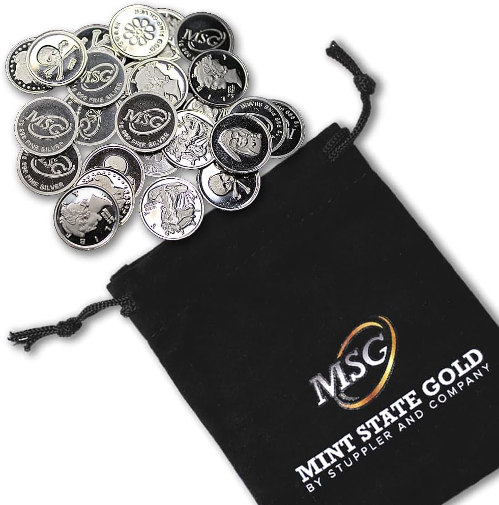 Twenty-Five (25) One Gram .999 Pure Silver Rounds with Random Designs in a Jewelry Pouch by Mint State Gold