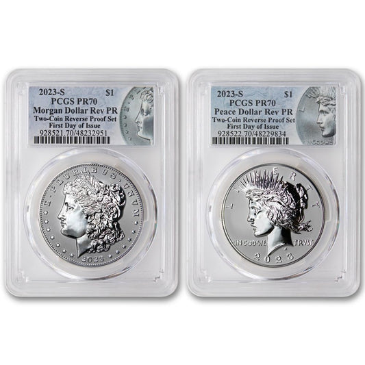 2023 S Set of (2) American Silver Morgan and Peace Dollar Reverse Proof Coins PR-70 (First Day of Issue) $1 Rev PR70 PCGS