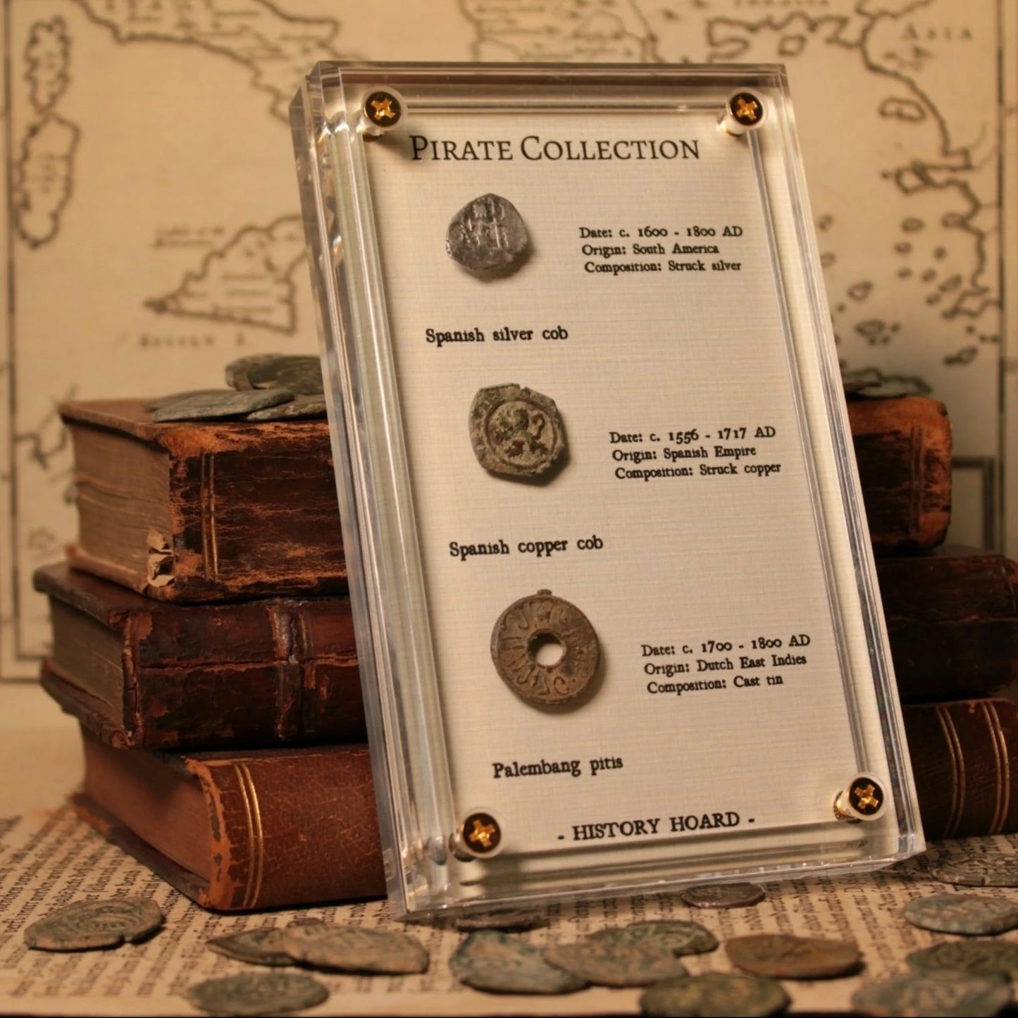 The Pirate Collection, Set of Three Genuine Antique Coins - Spanish & Dutch East Indies - 1500S to 1700S - with Display Case - History Hoard