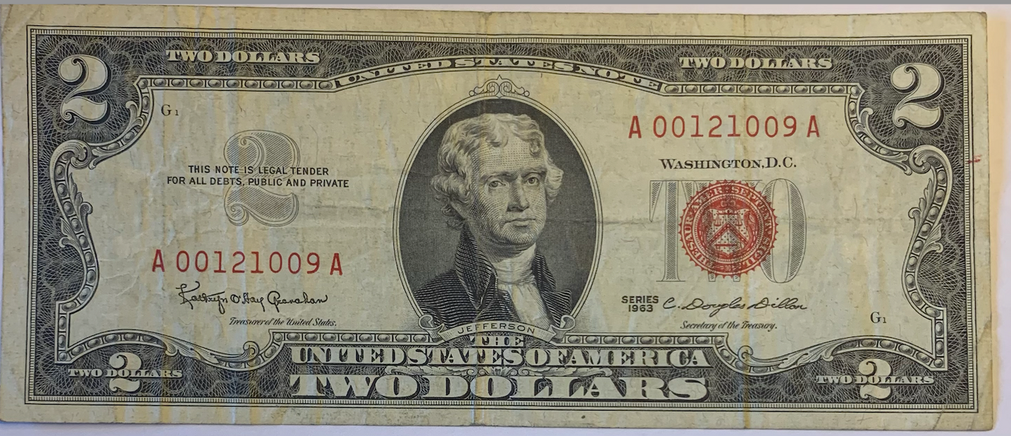 Rare 1963 $2 Red Seal Note, Granahan/Dillon, Unique Serial A00121009A