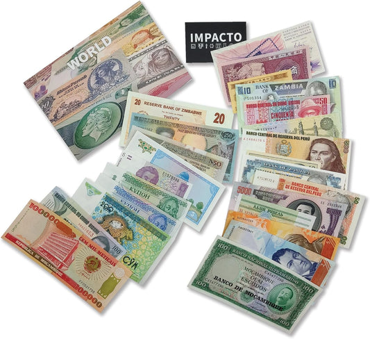 IMPACTO COLECCIONABLES Foreign Currency Collection - 25 Different World Currency Banknotes - Collectible Currency Foreign - Old World Currency Collection - Banknotes Collection (COA Included)