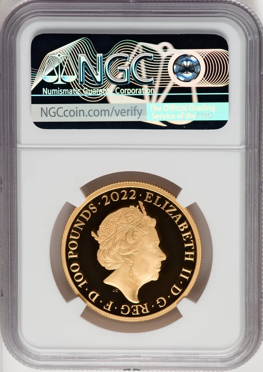 Elizabeth II Gold Proof James I 100 Pounds (1 Oz) 2022 PR70 Ultra Cameo NGC. One of First 100 Struck. World Coins NGC MS70