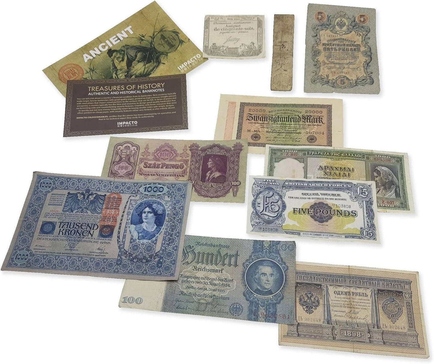 IMPACTO COLECCIONABLES - Collection of 10 Original Old Banknotes with Certificate of Authenticity. Banknotes from 3 Centuries