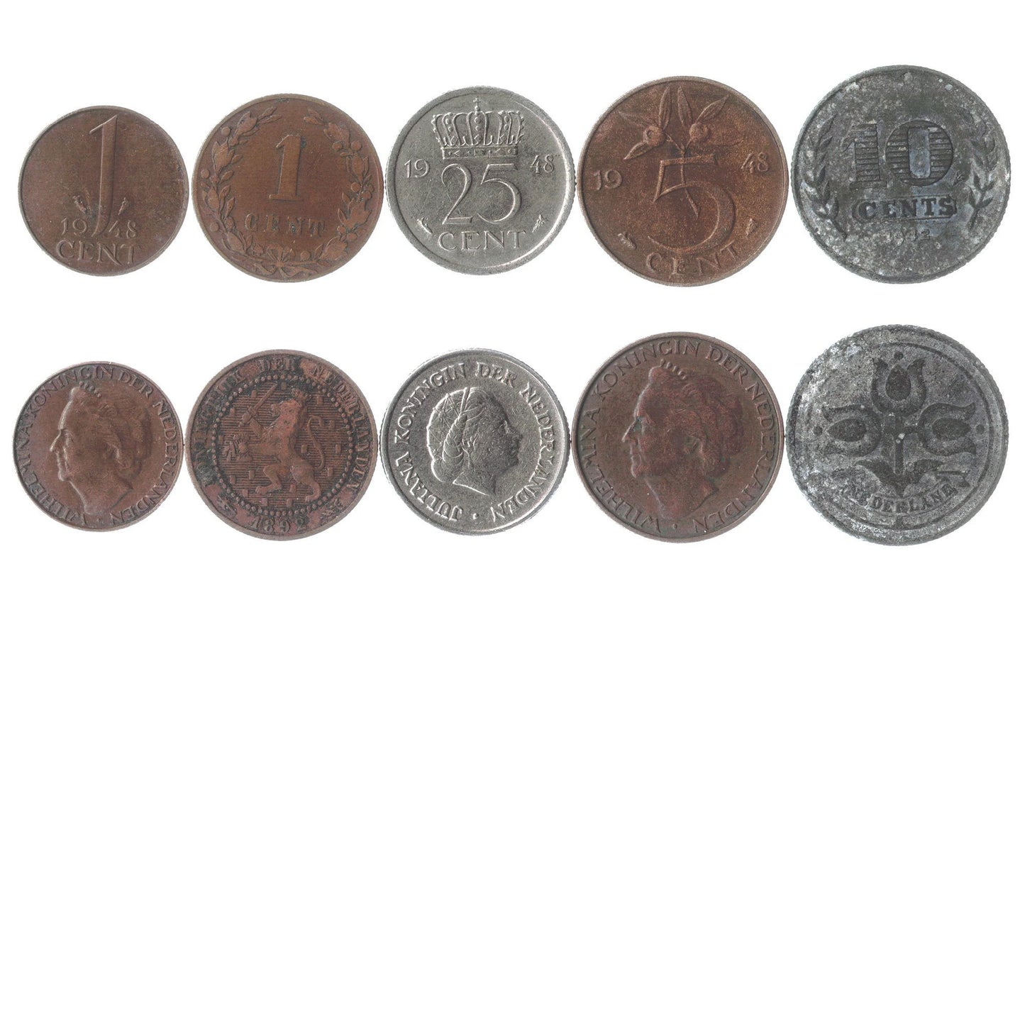 5 Different Coins from Netherlands 1849-1950. Dutch Old Collectible Money from Holland: King William III, Queen Wilhelmina and Juliana