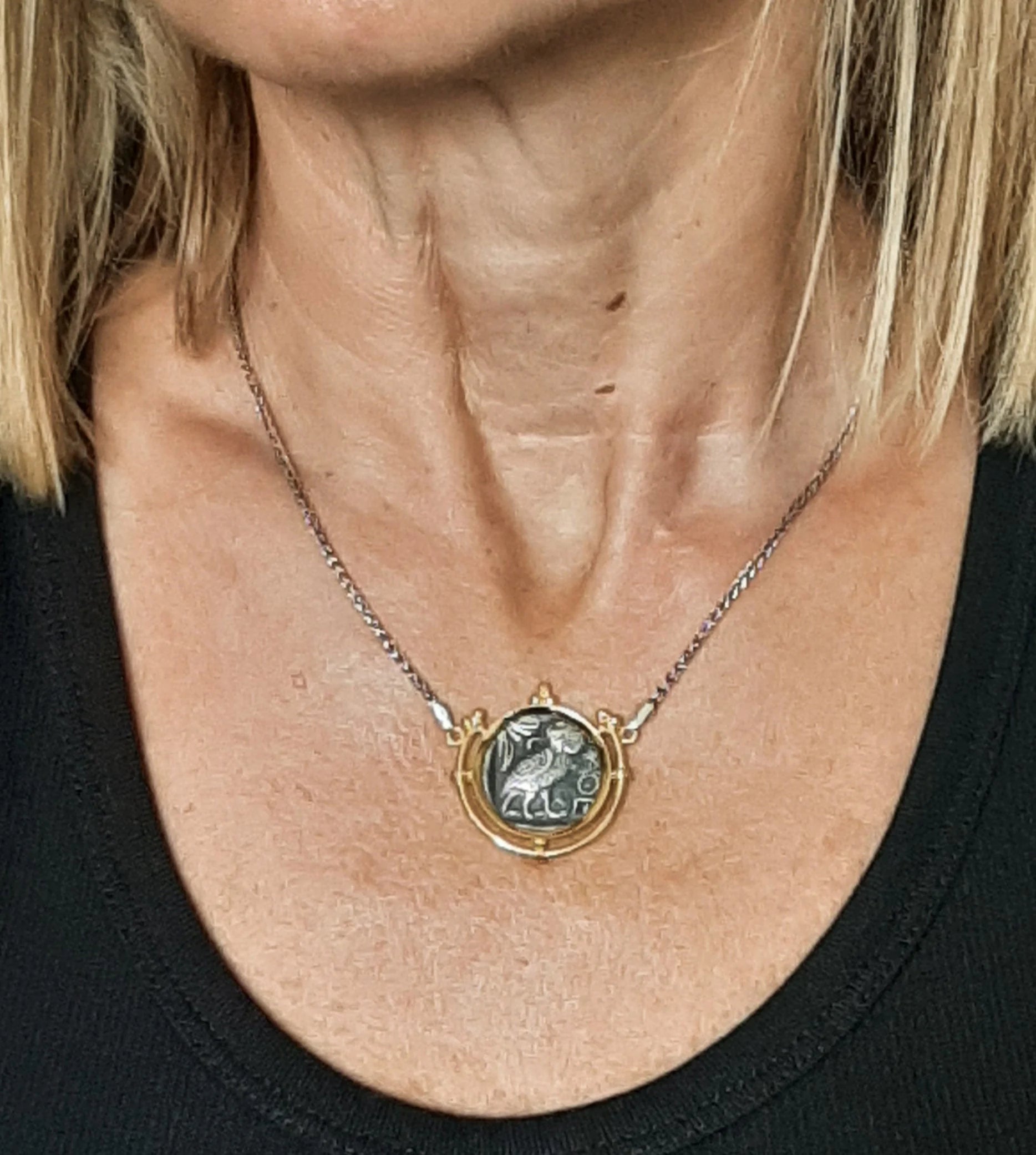 Awesome Goddess Athena Coin Pendant, an Old Greek Coin for Pendant in a Vermeil Base, a Museum Copy, Two Face Athenian Tetradrachm Necklace.