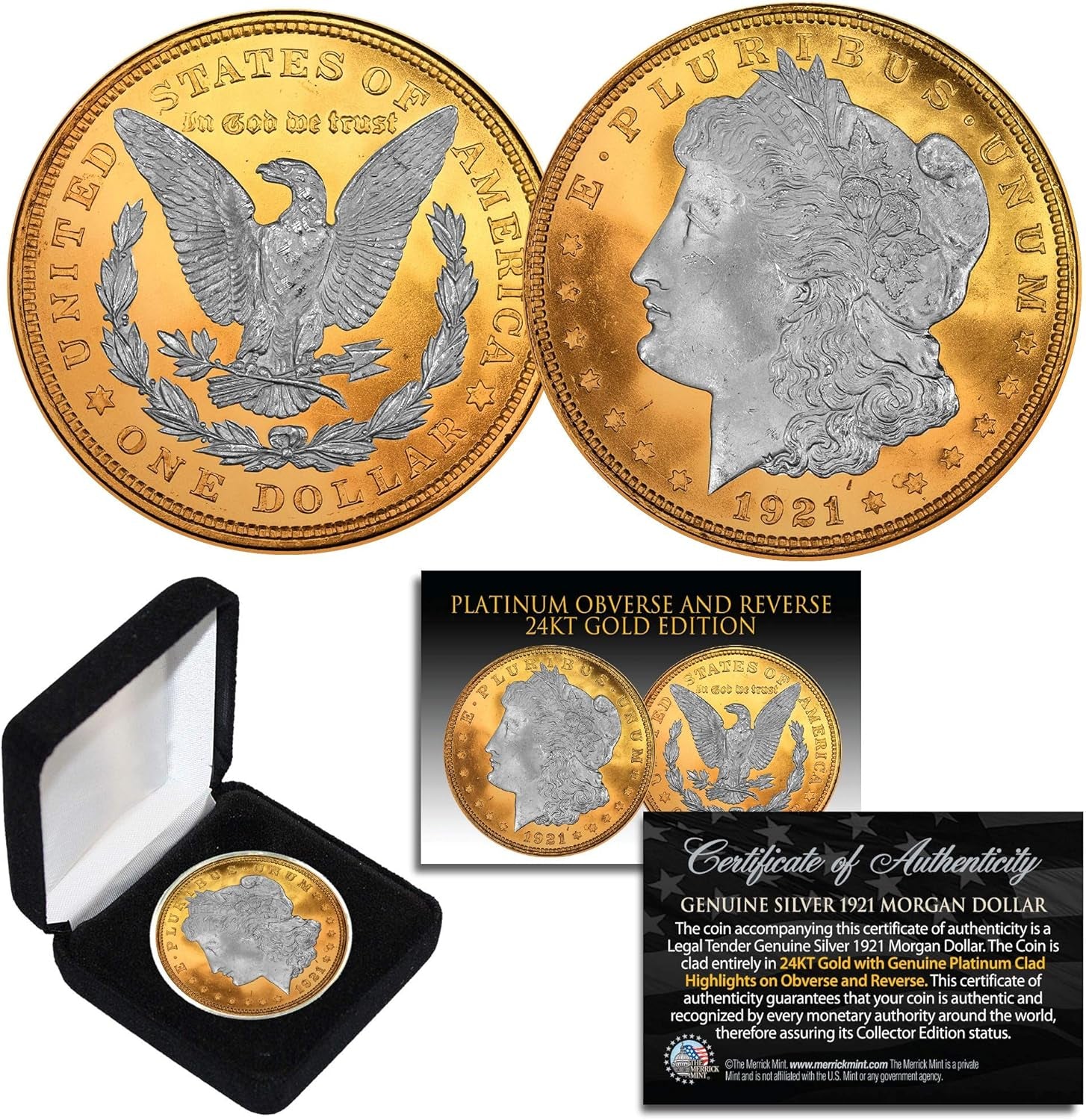 1921 Original AU Morgan Silver Dollar Platinum & 24KT Gold Layered W/Box & CERT