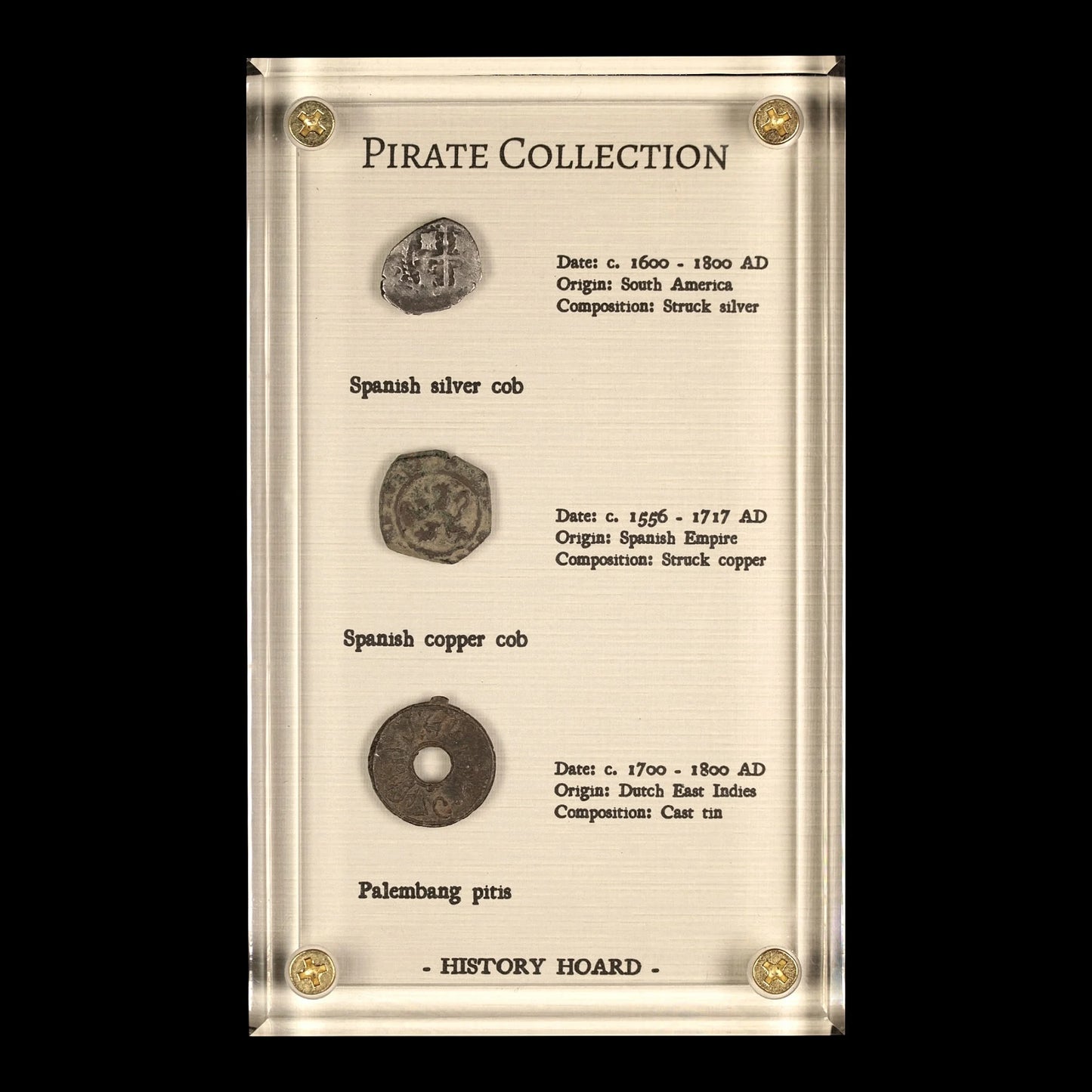 The Pirate Collection, Set of Three Genuine Antique Coins - Spanish & Dutch East Indies - 1500S to 1700S - with Display Case - History Hoard