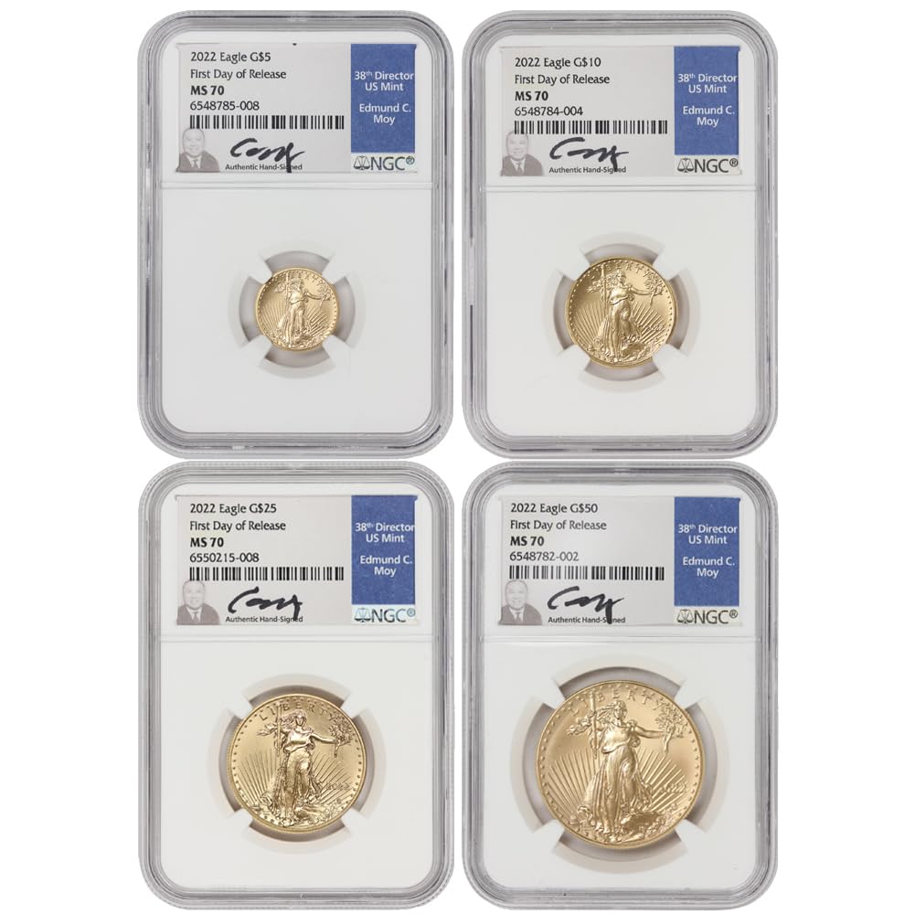 2022 Set of 4 American Gold Eagles MS-70 First Day Of Issue Moy Label MS70