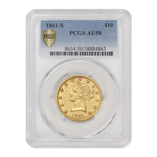 1861 S American Gold Liberty Eagle AU-50 by CoinFolio $10 PCGS AU50