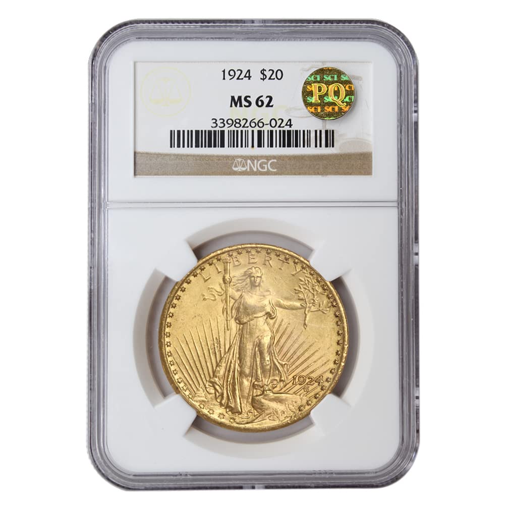 1924 $20 Gold Saint Gaudens Double Eagle – NGC MS62 PQ – Mint State Gold