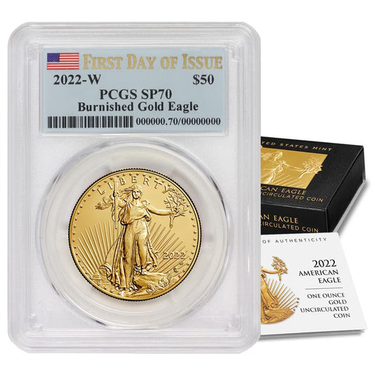 Rare 2022-W 1 oz American Gold Eagle SP-70 - First Day of Issue, Flag Label