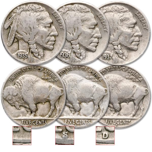 Historical Indian Head Buffalo Nickel 3-Coin Set – Fine Condition PDS Mints!