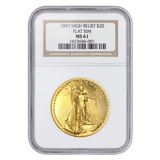 Rare 1907 Gold Saint Gaudens Double Eagle – High Relief Flat Rim MS-61!