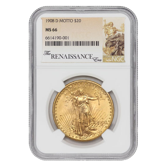 1908-D American Gold Saint Gaudens Double Eagle MS-66 Motto $20 MS66 NGC