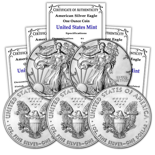 1986-2021 (Random Year) Lot of (5) 1 Oz American Silver Eagle Coins Brilliant Uncirculated (Type 1) with Certificates of Authenticity $1 Seller BU