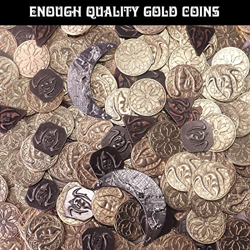 145PCS Metal DND Coins & Leather Bag, Contains 60 Gold Coins, 40 Sliver Coins, 40 Copper Coins and 5 Platinum Coins, Tokens with Glow in The Night Eyes Bag for RPG Tablelap Games