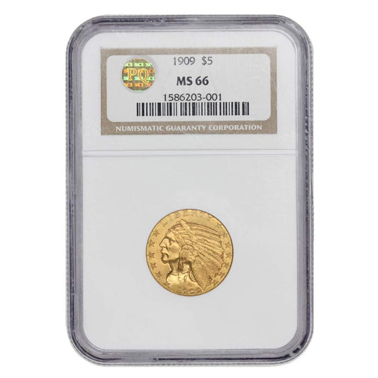 Rare 1909 Gold Indian Head Half Eagle MS-66 PQ Approved - $5 Coin