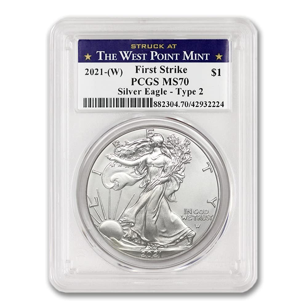 2021 (W) 1 Oz American Silver Eagle Coins MS-70 (Type 2 - First Strike - Struck at the West Point Mint) by Coinfolio $1 MS70 PCGS