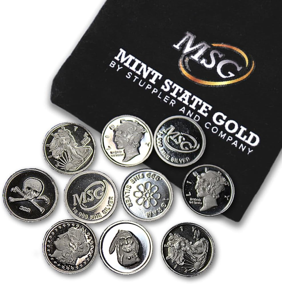 Twenty-Five (25) One Gram .999 Pure Silver Rounds with Random Designs in a Jewelry Pouch by Mint State Gold