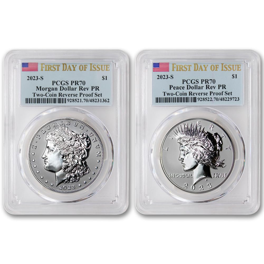 2023 S Set of (2) American Silver Morgan and Peace Dollar Reverse Proof Coins PR-70 (First Day of Issue - Flag Label) $1 Rev PR70 PCGS