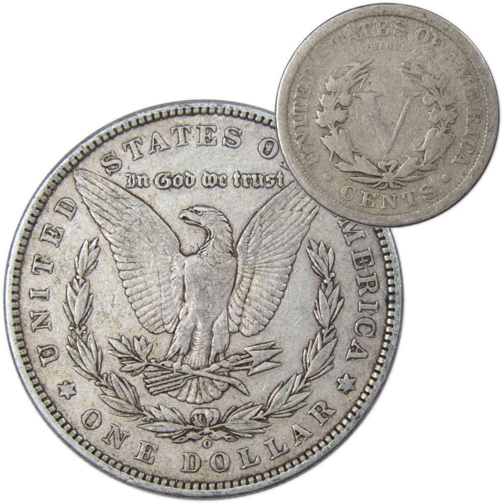 1880 O Morgan Dollar VF Very Fine 90% Silver with 1907 Liberty Nickel G Good