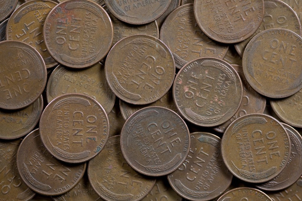 50 Old Coins with 46 Lincoln Wheat Pennies, 2 Indian Head Pennies and 2 Steel Wheat Pennies.