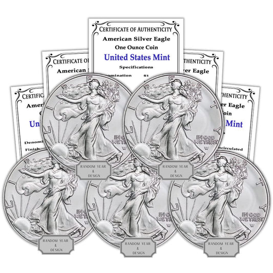 1986-Present 5 x 1 oz Silver Eagles BU – Type 1 or 2, Random Year, Certified!