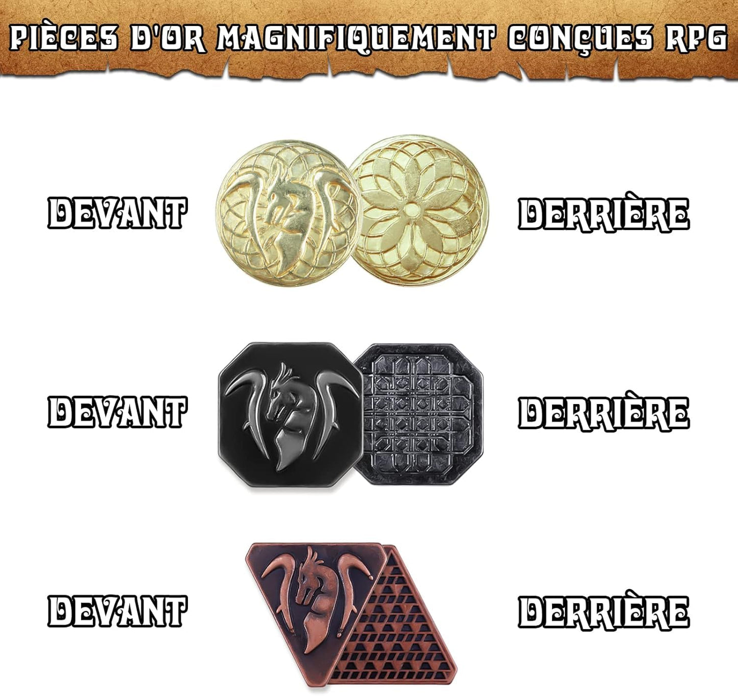 60PCS DND Coins with Leather Pouch, Gold, Silver and Copper Coins in Metal Coins, Fantasy Coins for Board Games, Fake Coins for Games Tokens, Role-Playing Coins of Dungeons and Dragons