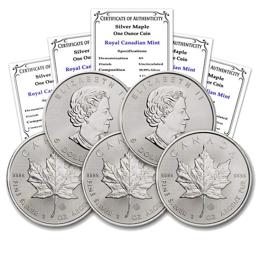 Investment Opportunity: Lot of (5) 1 oz Silver Maple Leaf Coins BU with COAs”