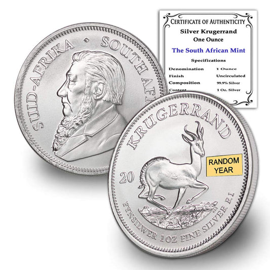 Rare South African Silver Krugerrand 1 oz Coin BU - Random Year with COA