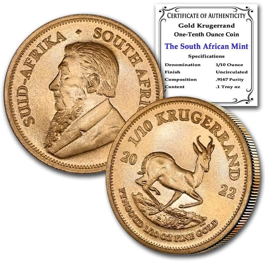 Rare 2022 1/10 oz South African Gold Krugerrand – BU with COA!