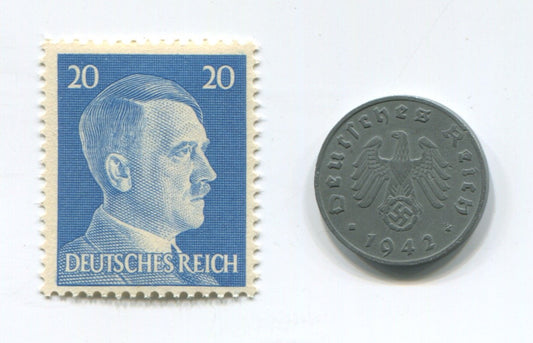 Rare Nazi Swastika 1 Reichspfennig German Coin World War 2 WW2 with Blue Hitler Head Stamp MNH