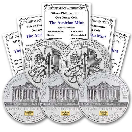 Collectible Austria Silver Philharmonic Coins: 5 x 1 oz BU with Certificates”