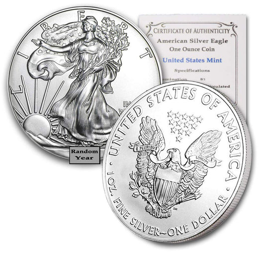 Collectible 1 oz Silver Eagle BU (1986-2021) – Type 1, Random Year, Authenticity Certificate!”