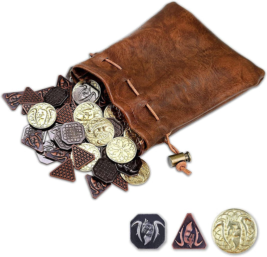 60PCS DND Coins with Leather Pouch, Gold, Silver and Copper Coins in Metal Coins, Fantasy Coins for Board Games, Fake Coins for Games Tokens, Role-Playing Coins of Dungeons and Dragons