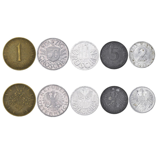 Austria 5 Mixed Coins | 1 Groschen to 1 Shilling | Austrian Currency Since 1946