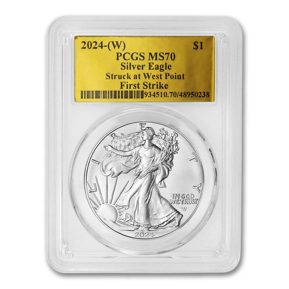 2024 - (W) 1 Oz American Silver Eagle Coin MS-70 (First Strike - Gold Foil Label - Struck at West Point) $1 PCGS MS70