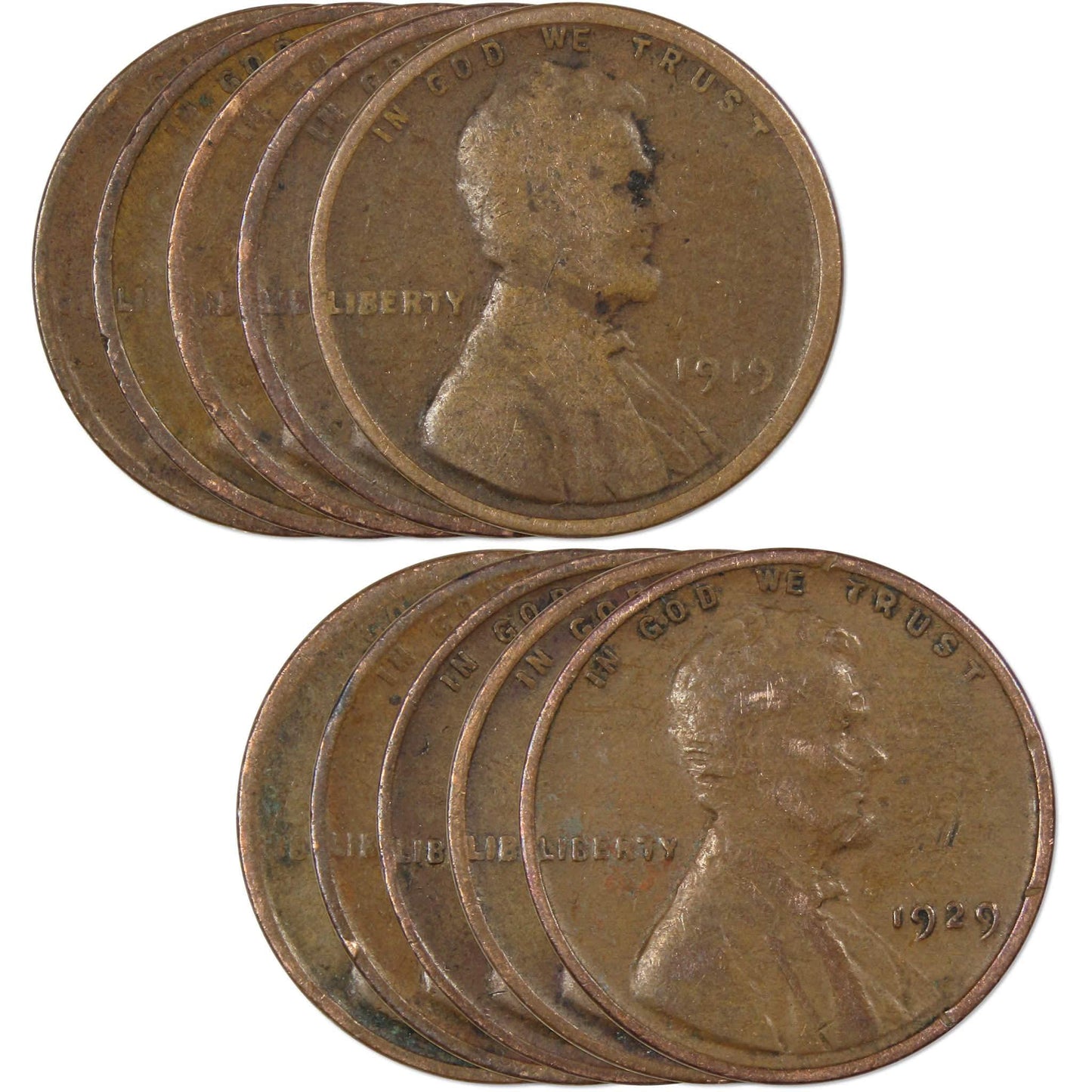 Pre-1930 Lincoln Wheat Cent 10 Piece Set Bronze Penny 1c Coins