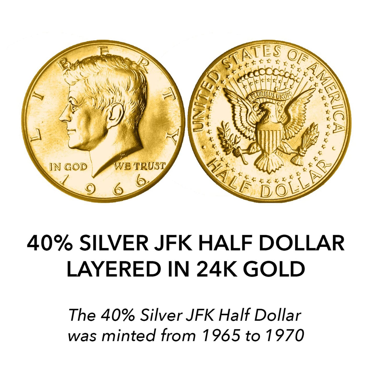 Silver JFK Half Dollar Coin Layered in Pure Gold