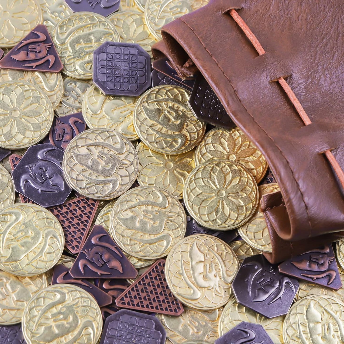 60PCS DND Coins with Leather Pouch, Gold, Silver and Copper Coins in Metal Coins, Fantasy Coins for Board Games, Fake Coins for Games Tokens, Role-Playing Coins of Dungeons and Dragons