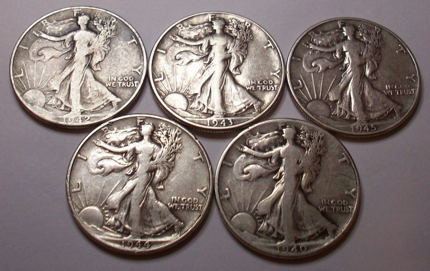 Set of 5 Walking Liberty Half Dollars - Various Dates F/VF 90% Silver