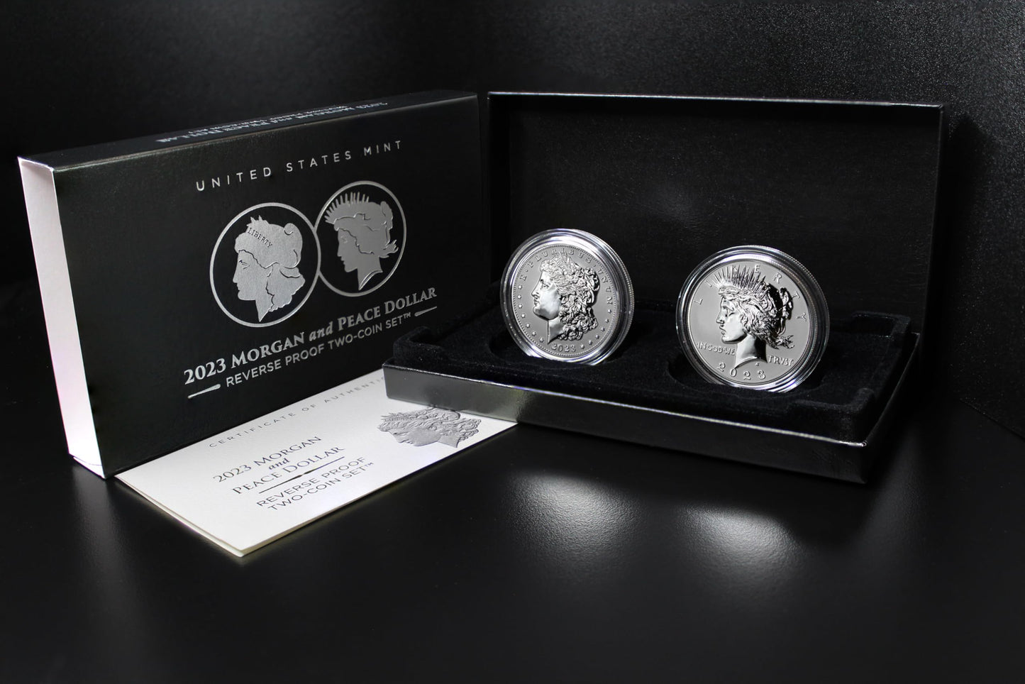 Rare 2023-S Reverse Proof Silver Morgan and Peace Dollar Set with COA”