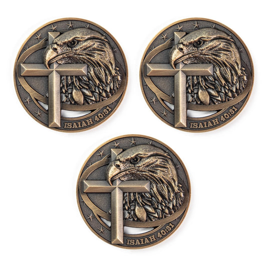 Inspiring Christian Challenge Coins – 3-Pack Bald Eagle & Cross Design, Antique Gold Plated!”