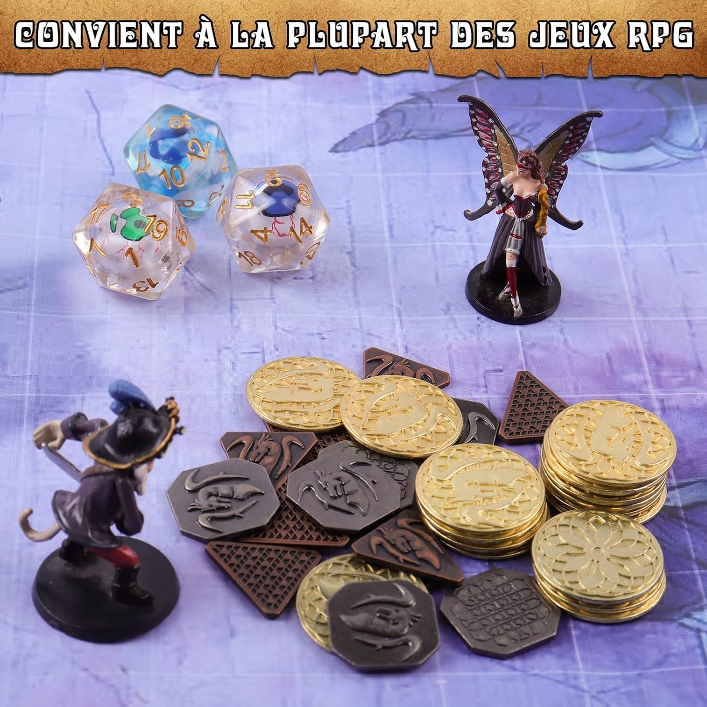 60PCS DND Coins with Leather Pouch, Gold, Silver and Copper Coins in Metal Coins, Fantasy Coins for Board Games, Fake Coins for Games Tokens, Role-Playing Coins of Dungeons and Dragons